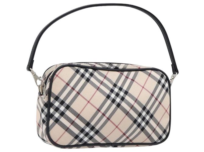 BURBERRY Nova Check Blue Label Accessory Pouch Canvas Beige Silver Auth 203006A Silvery