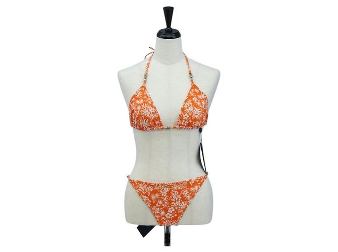 LOUIS VUITTON Badeanzug Bikini Polyester Orange White LV Auth 202126M Weiß