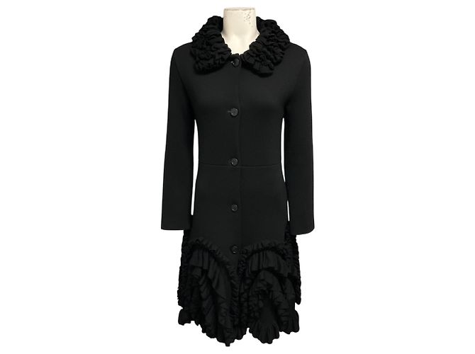 Christian Dior Black Ruffled Button Front Mid Length Wool Coat