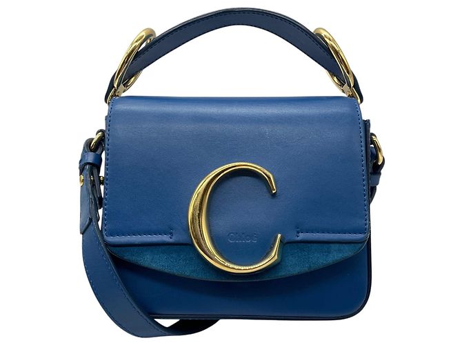 Chloé Bolsa de Ombro Mini C em Couro Azul Chloe com Ferragens Douradas