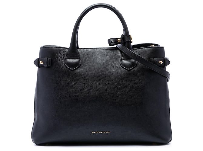 Borsa Satchel Banner Burberry Medium in pelle e House Check nera Nero