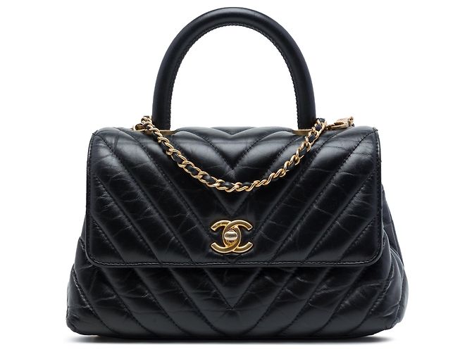 Bolsa Chanel Mini Chevron em couro de bezerro envelhecido preto com alça Coco