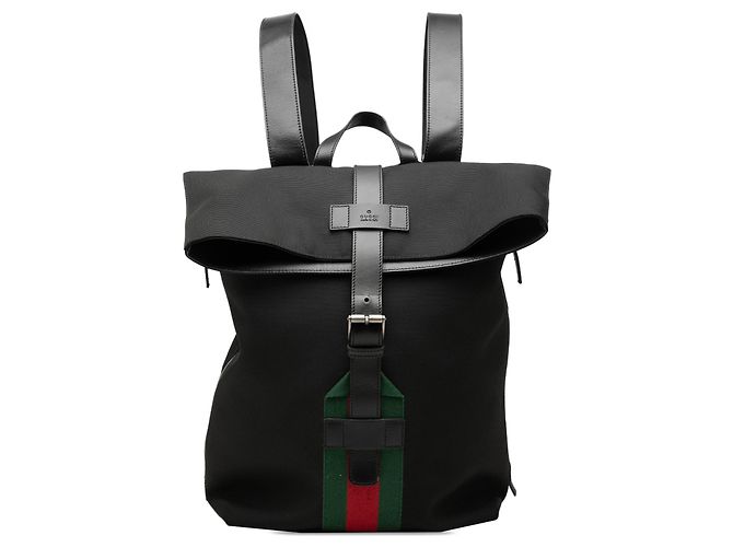 Mochila Gucci Canvas Techno Web com aba preta Preto