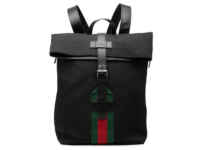 Mochila Gucci Canvas Techno Web com aba preta Preto
