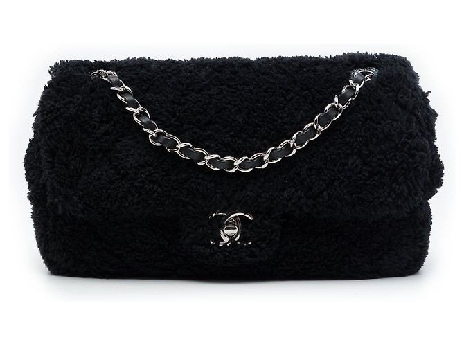 Borsa a tracolla Chanel Medium Quilted Terry Cloth Coco Beach Flap Shoulder Bag Nera Nero