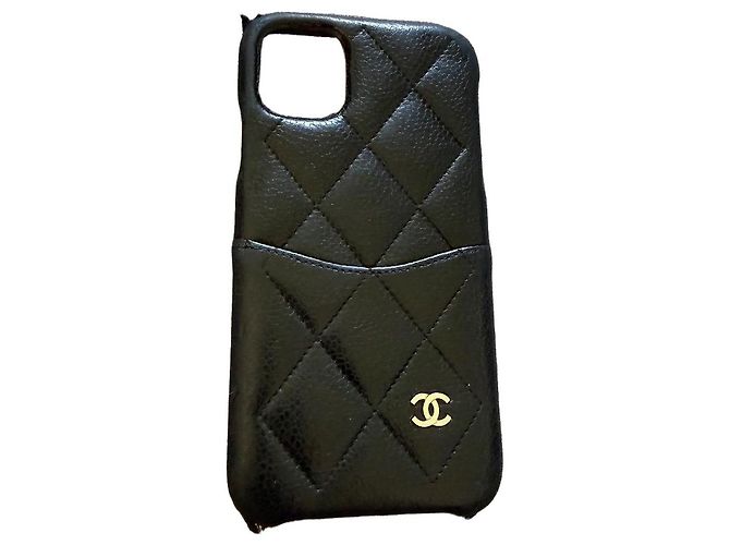 Chanel Quilted Black Leather Phone Case with CC Logo