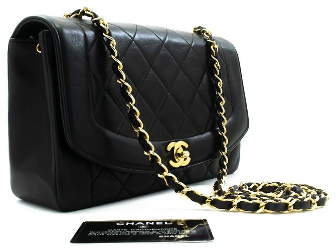 Bolsa de Ombro CHANEL Diana Flap com Corrente em pele de cordeiro acolchoada preta Preto