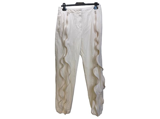 Stella Mc Cartney Calças de Algodão com Babados e Zíper Creme Stella McCartney Cru