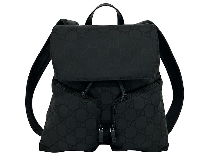 Gucci GG Logo Pattern Nylon and Leather Drawstring Backpack Black
