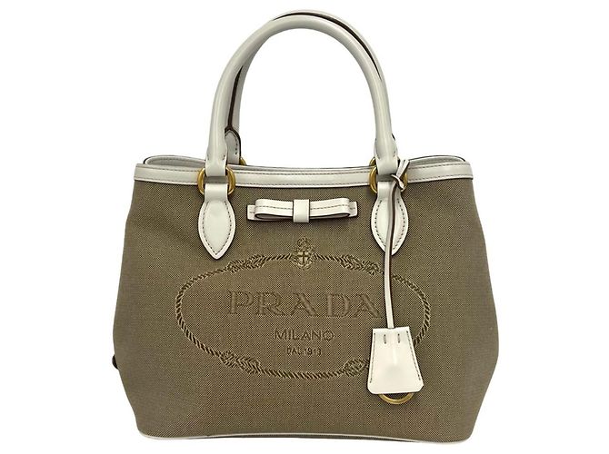 Mini mala tote Prada em couro e tela castanho e branco Marrom