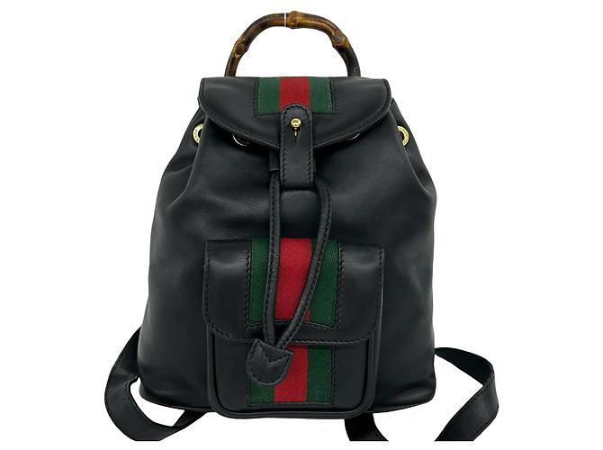 Bamboo Zaino Gucci Old Sherry Line in pelle e bambù Nero Rosso Verde
