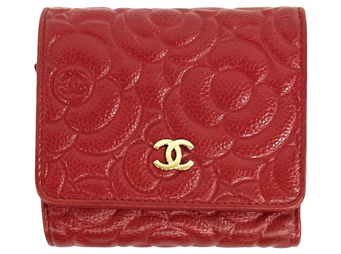 Chanel Red Grained Calfskin Tri-fold Wallet