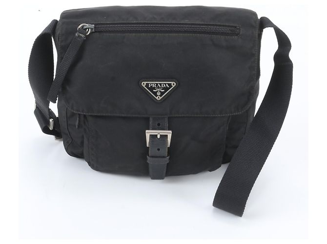 Prada Tessuto Nylon Triangle Logo Leather Shoulder Bag Black