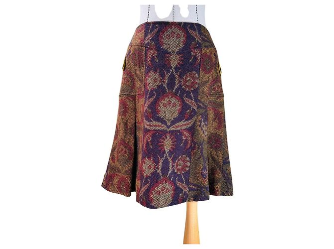 Etro Jacquard Wool Blend A-Line Skirt Brown Red Purple