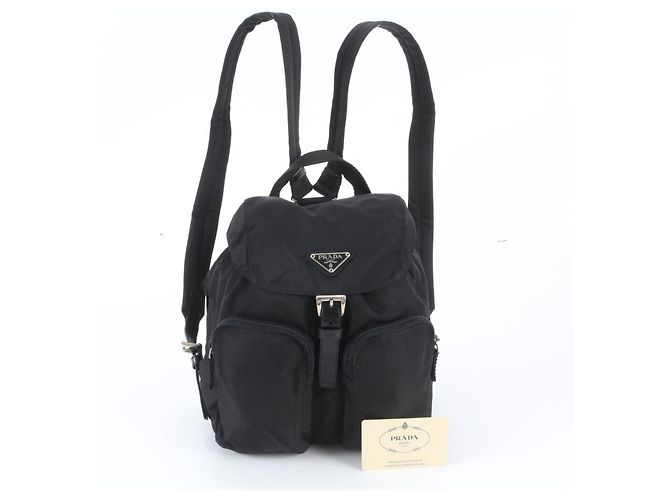 Prada Tessuto Nylon Triangle Logo Leather Backpack Black