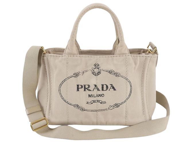 Tote Bolsa de ombro em couro Prada Canapa com logo triângulo Bege