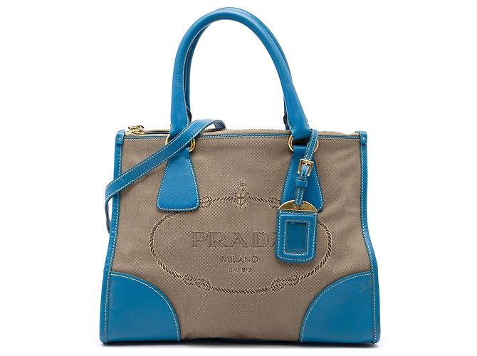 Bolsa Prada em lona Canapa com logo, zíper duplo e acabamento em couro Saffiano marrom Castanho claro