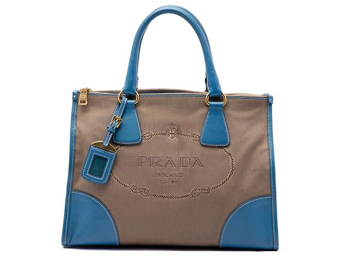 Bolsa Prada em lona Canapa com logo, zíper duplo e acabamento em couro Saffiano marrom Castanho claro