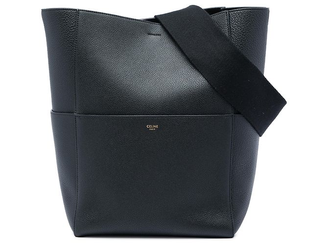 Céline Sac Seau Sangle Celine en cuir noir, taille Medium
