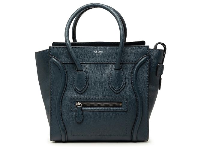 Céline Celine Luggage Tote Micro aus blauem genarbtem Kalbsleder Dunkelblau