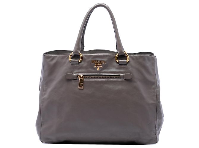 Prada Tote convertible aberto com zíper frontal em couro de bezerro macio cinza Marrom
