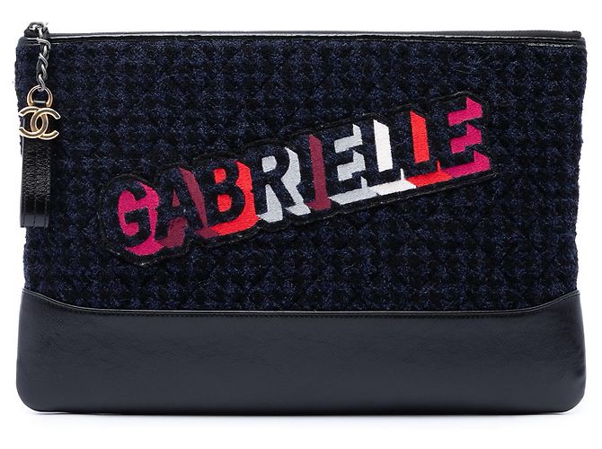 Clutch Chanel Gabrielle O Case in Tweed Blu e Vitello Ricamato, Large