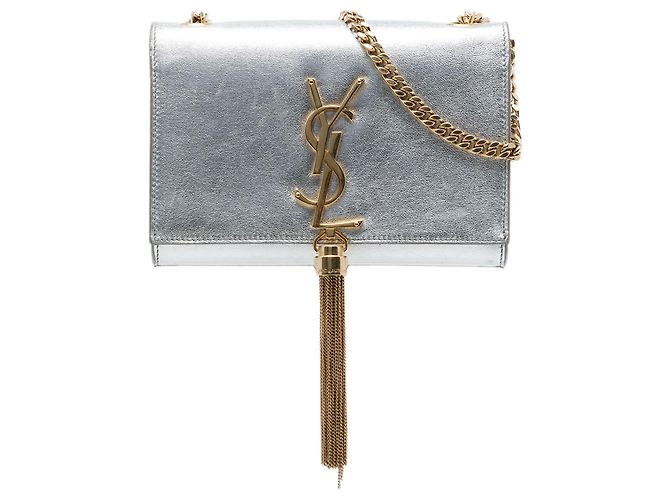 Autre Marque Saint Laurent Silver Small Metallic Calfskin Monogram Kate Tassel Crossbody Argenté