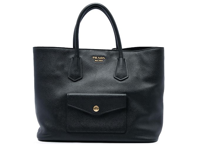 Tote convertible Prada em couro Saffiano preto com bolso frontal