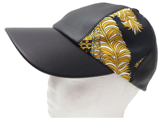 Hermès NEUF CASQUETTE HERMES SERENA CANDY NOIRE CUIR & SOIE SILK & LEATHER CAP HAT