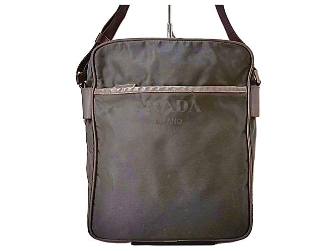 Prada Nylon and Saffiano Leather Shoulder Bag Black Dark brown