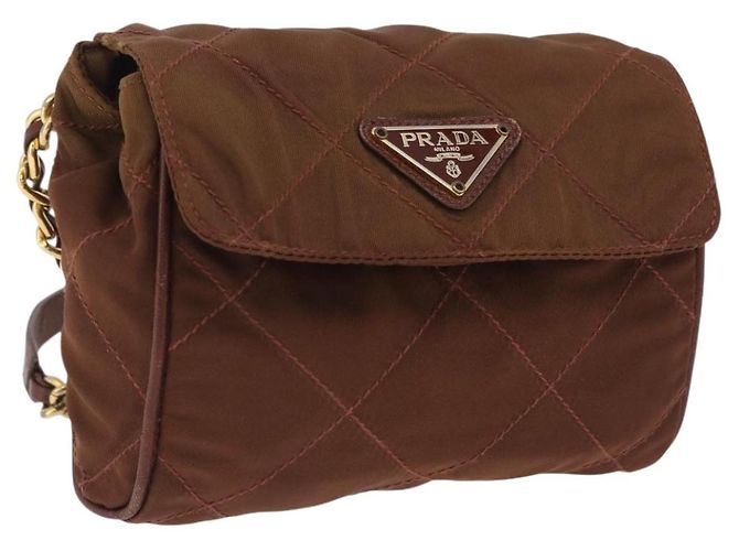 Bolsa de Ombro com Corrente PRADA Nylon Brown Gold Tone Auth 203074 Marrom