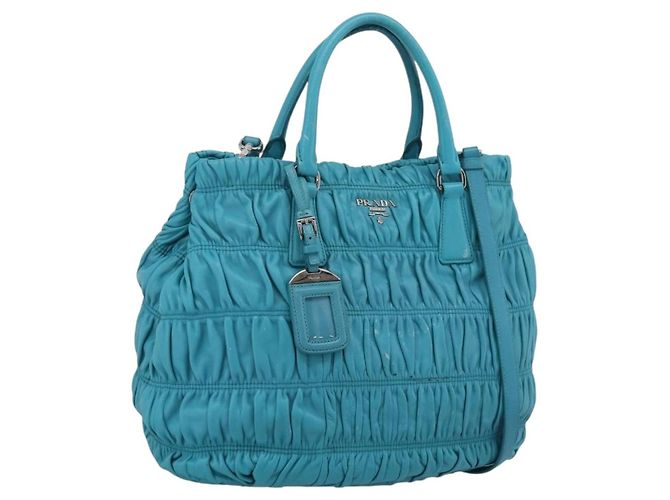 PRADA Matelassé Handtasche Nylon 2way Turquoise Blue Silver Auth 202888V Silber Türkis