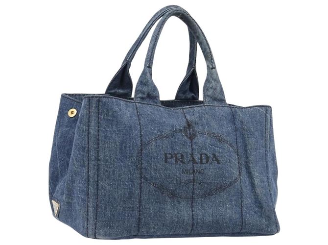 Sac à main PRADA Canapa MM Denim Blue Gold Tone Auth 202300A Bleu