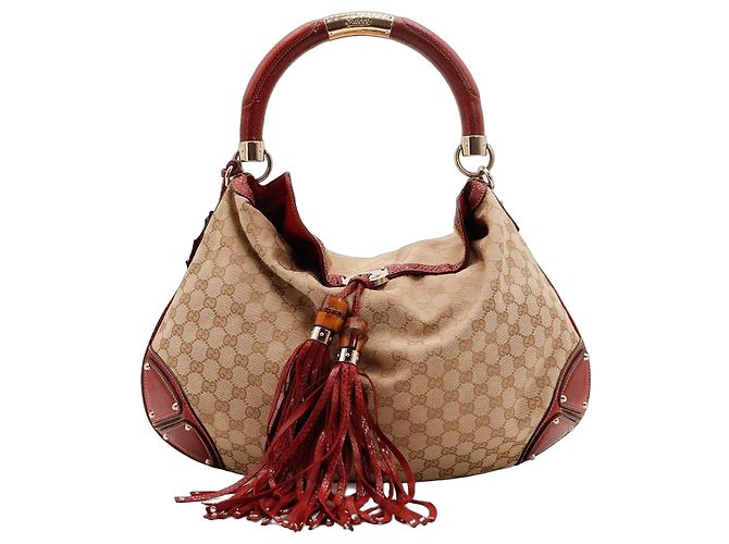 Bolsa Hobo Gucci Monogram Bamboo com Borlas Vermelho Bege