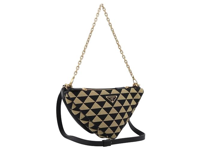Borsa a mano PRADA Triangle Canvas Leather 2way Beige Black 1BC176 Auth ka6170M Nero