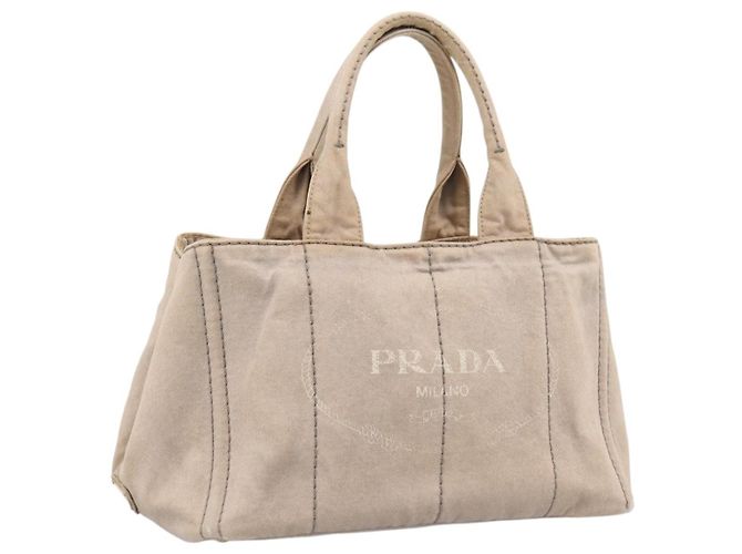 Bolsa de mão PRADA Canapa MM Canvas Cinza Ouro Auth 203427 Marrom Dourado