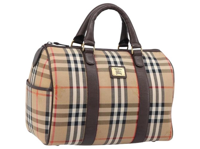 Bolsa Boston Burberrys Nova Check Canvas Beige Gold Auth 200426V Bege Dourado