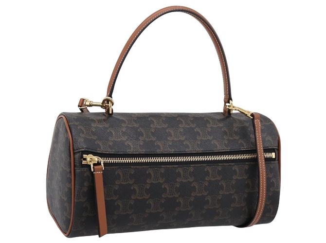 Céline CELINE Macadam Canvas Triomphe Cylinder Bag PVC 2way Brown Gold Auth 203772SAM Marron Doré