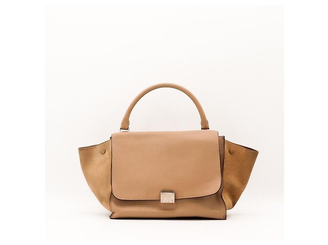 Céline Bolsa Celine Trapeze em couro e camurça Taupe Areia