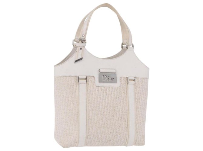 Bolso de mano Christian Dior Trotter Canvas Blanco Plata Auth 202957A