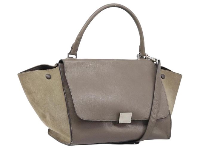 Céline Bolsa de mão CELINE Trapeze em couro camurça 2way Beige Silver Auth hk4044 Prata Bege