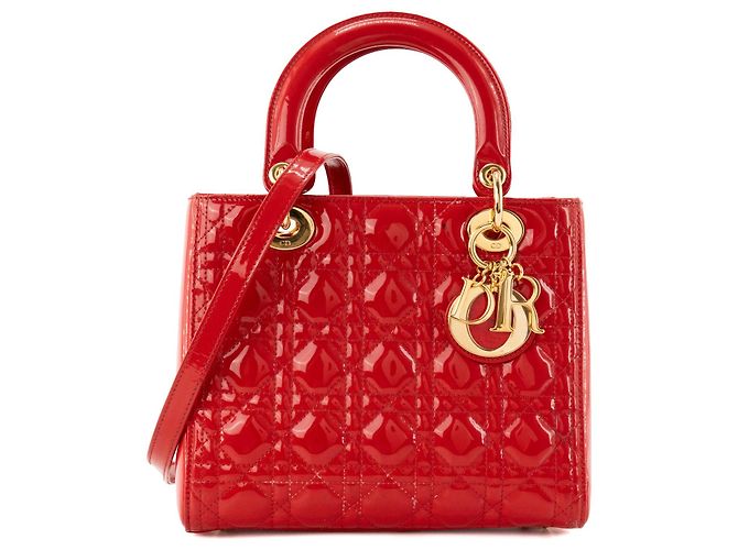 Autre Marque DIOR - Lady Dior Medium Handtasche aus rotem Lackleder mit Cannage-Steppung