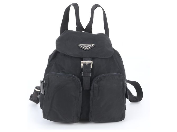 Prada Tessuto Nylon Triangle Logo Leather Backpack Black