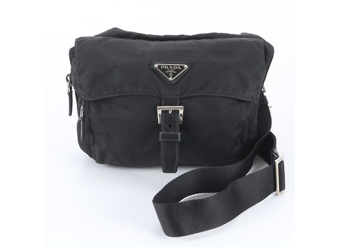 Prada Tessuto Nylon Triangle Logo Leather Shoulder Bag Black