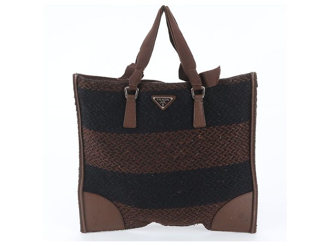 Tote Sac cabas Prada en cuir et tweed avec logo triangle Marron Noir