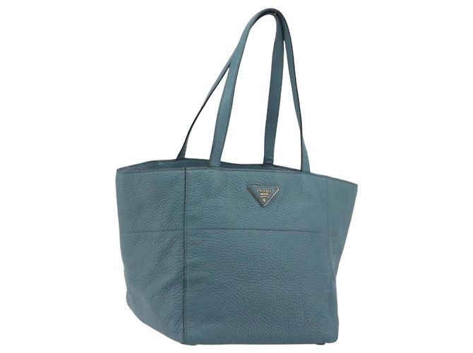PRADA Tote Bag Leather Light Blue Gold Tone