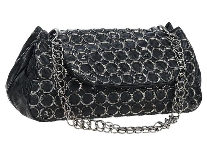 CHANEL Chain Shoulder Bag Patent Black Silver CC