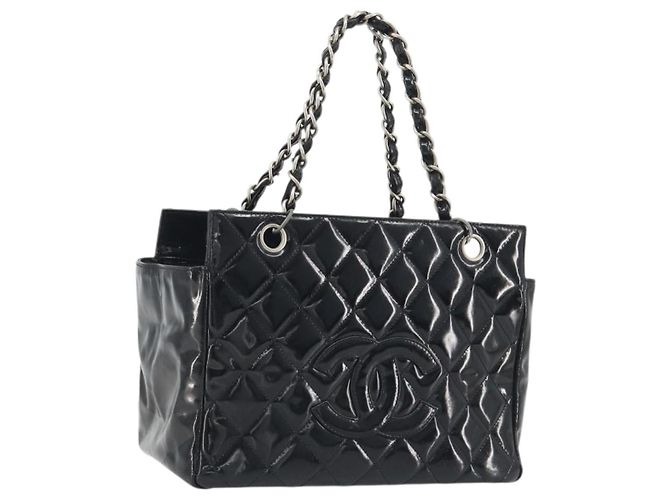 CHANEL Matelasse Chain Shoulder Bag Patent Leather Black Silver CC