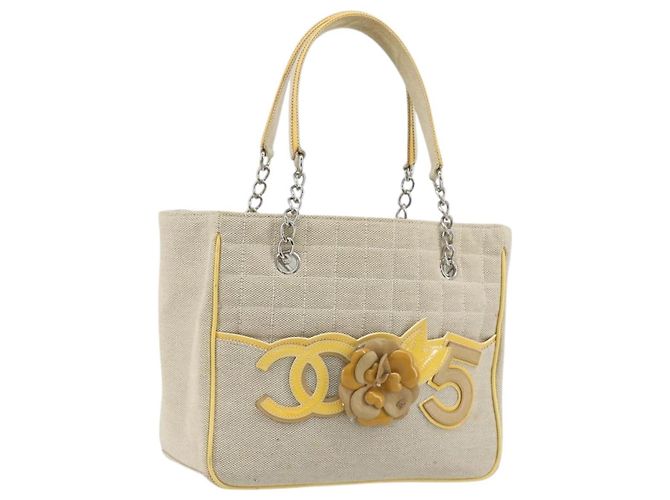 CHANEL Choco Bar Cambon Chain Tote Bag Canvas Beige Silver CC