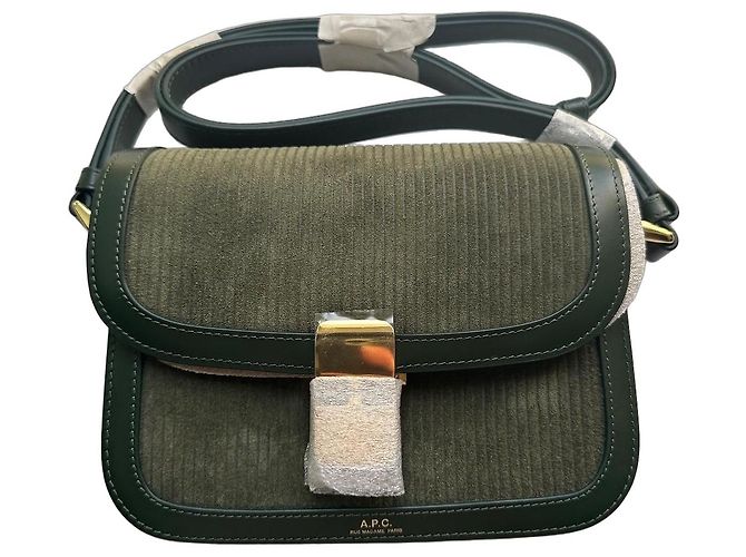Apc A.P.C. Bolsa de Ombro em Veludo Cotelê Verde e Couro